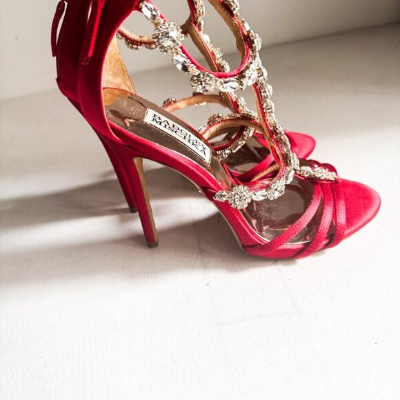 Badgley Mischka coral red satin rhinestone  cocktail heels shoes 5.5 - Picture 6 of 10
